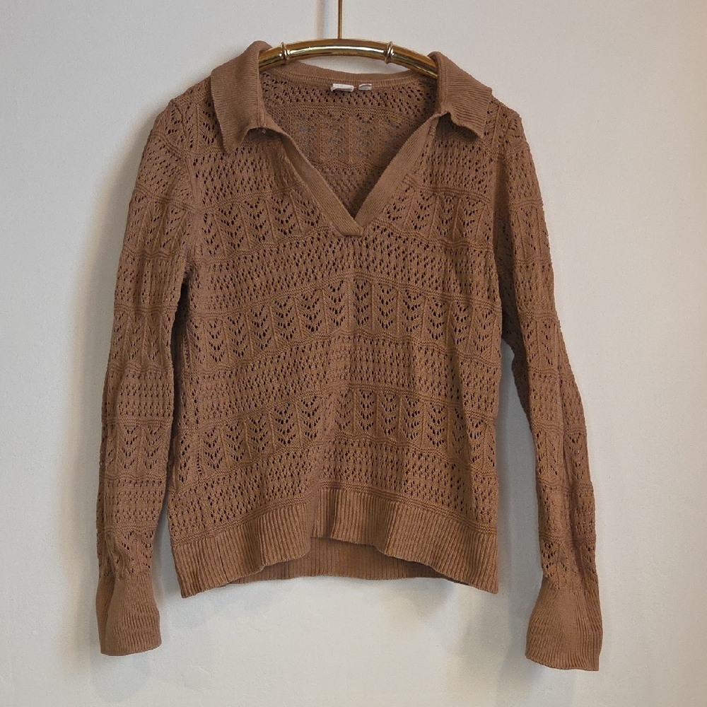 Gap Factory Boho Crochet Pointelle V-Neck Polo Sweater Sz L
